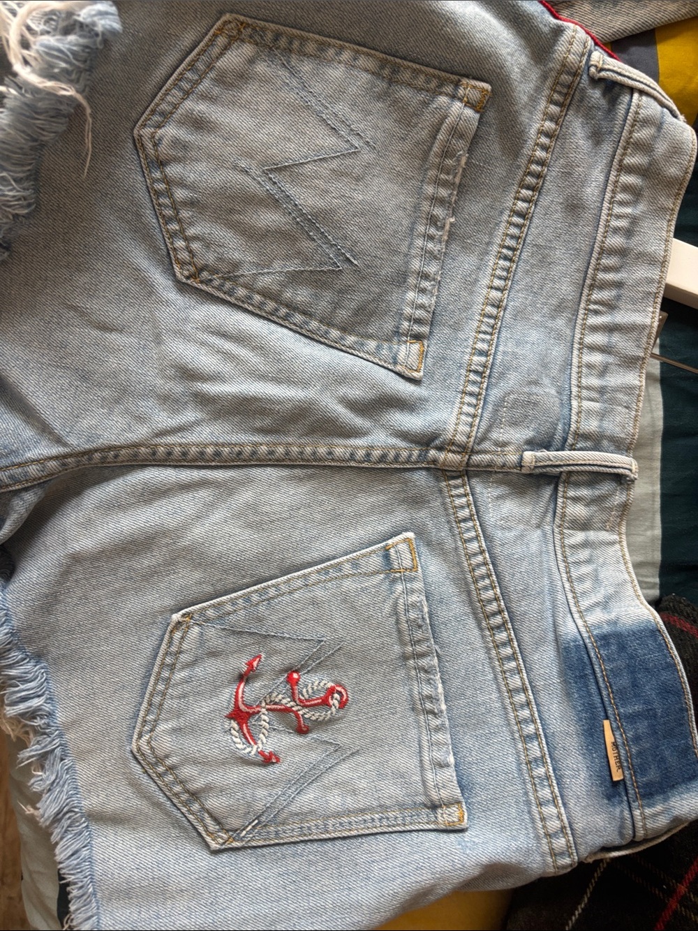 MOTHER Light Blue Denim Shorts with Red and Navy Side Stripe - Picture 4 of 4